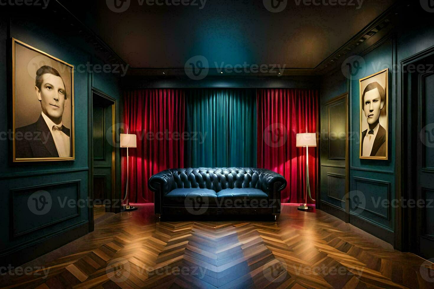 a room with a leather couch and two framed portraits. AI-Generated photo