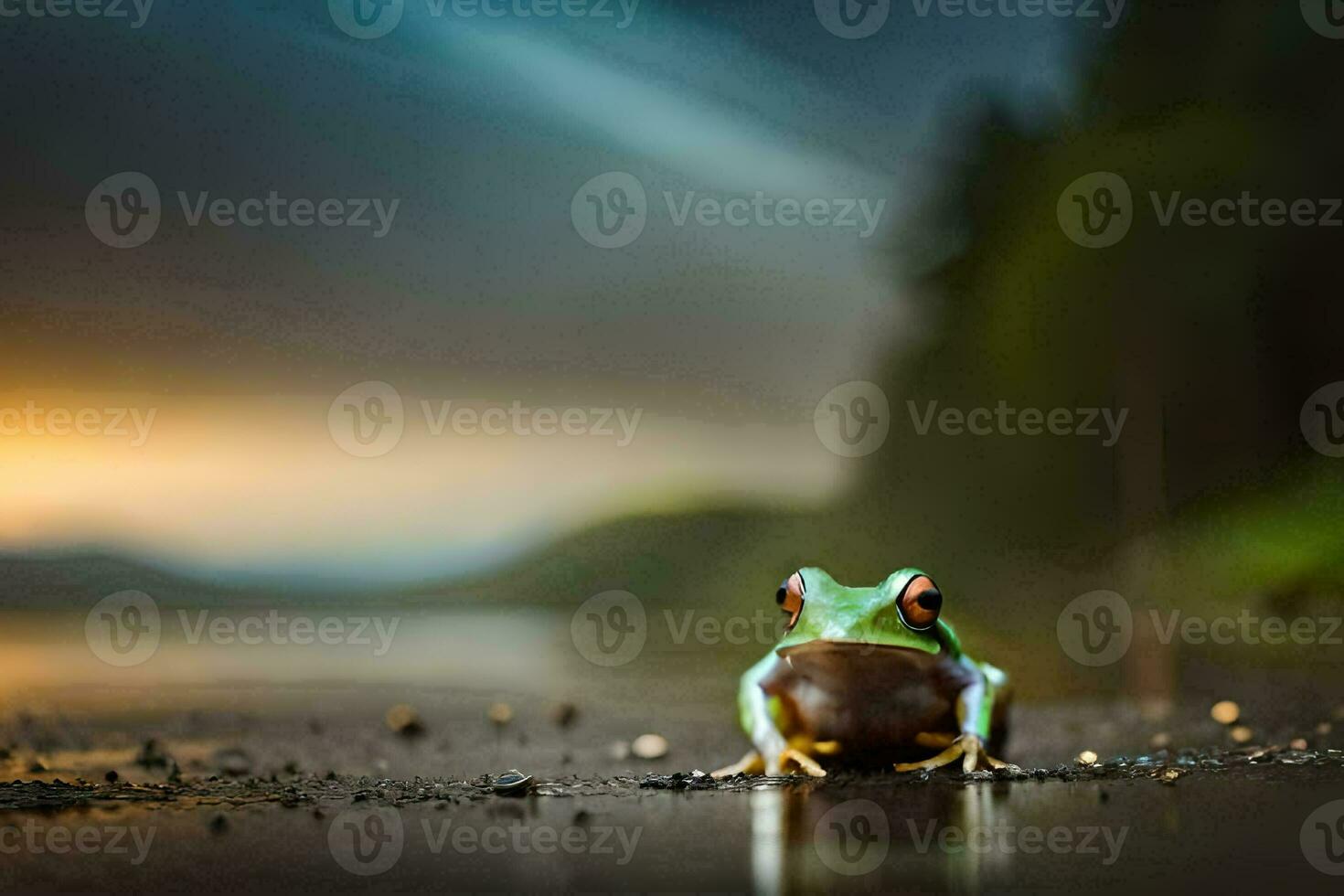 a frog sitting on the ground at sunset. AI-Generated photo