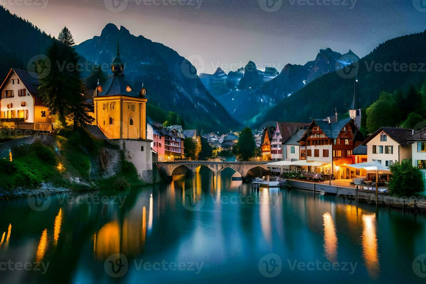 el pueblo de Hallstatt en el Alpes a oscuridad. generado por ai foto