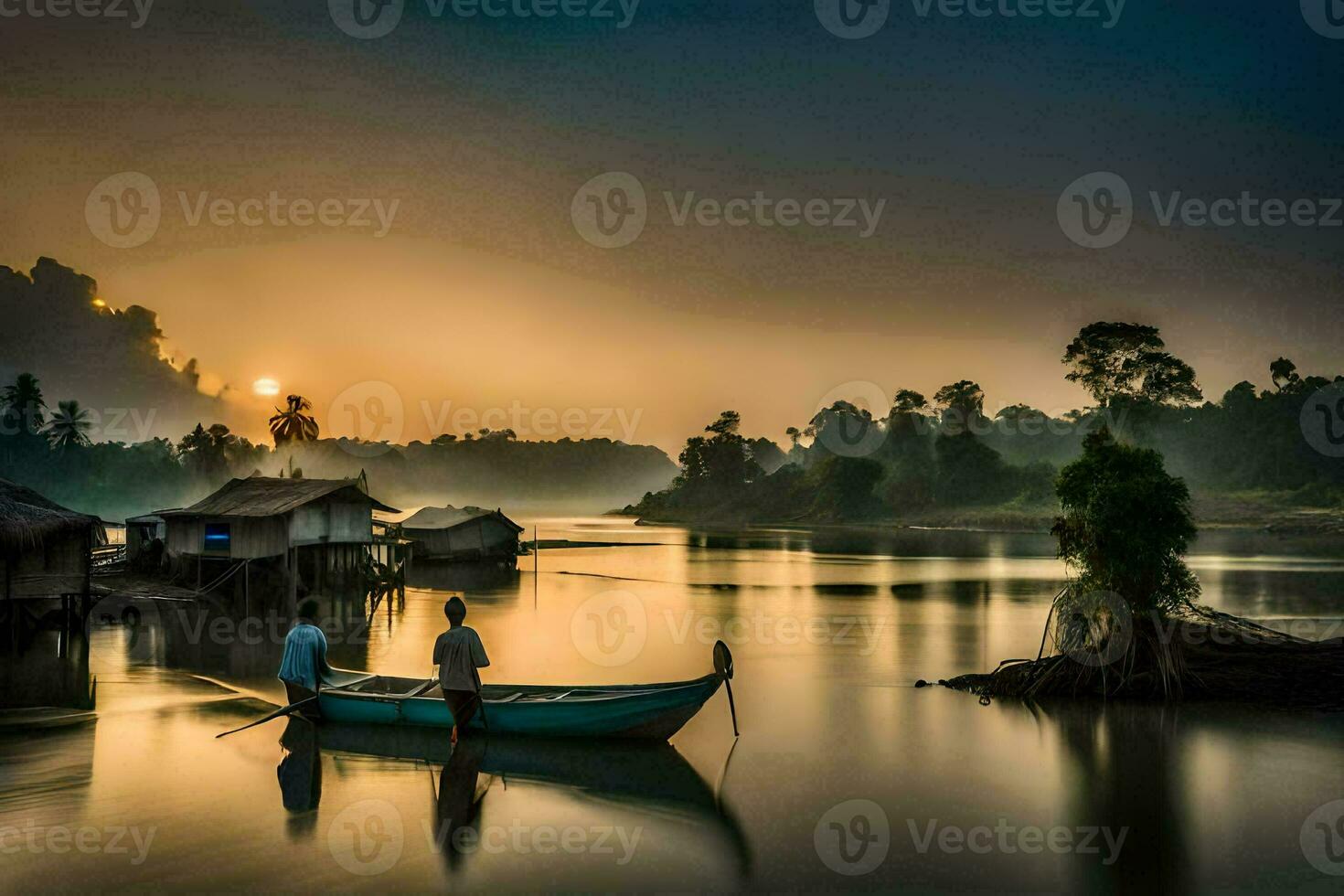two men in a boat on the river at sunrise. AI-Generated photo