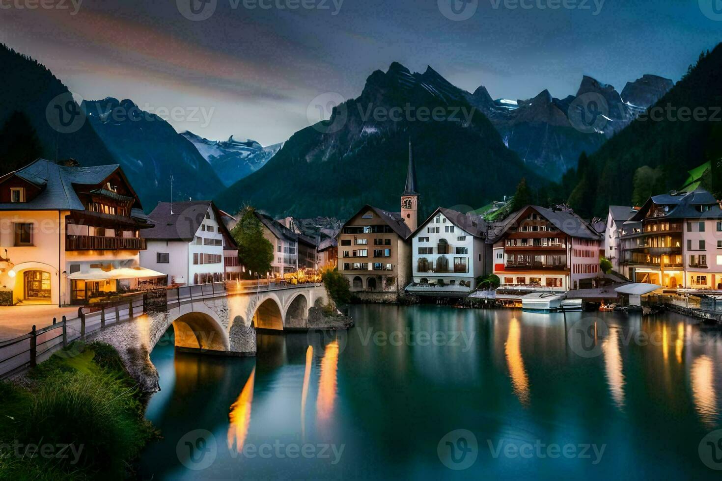 photo wallpaper the sky, mountains, water, town, bridge, river, mountains, europe. AI-Generated