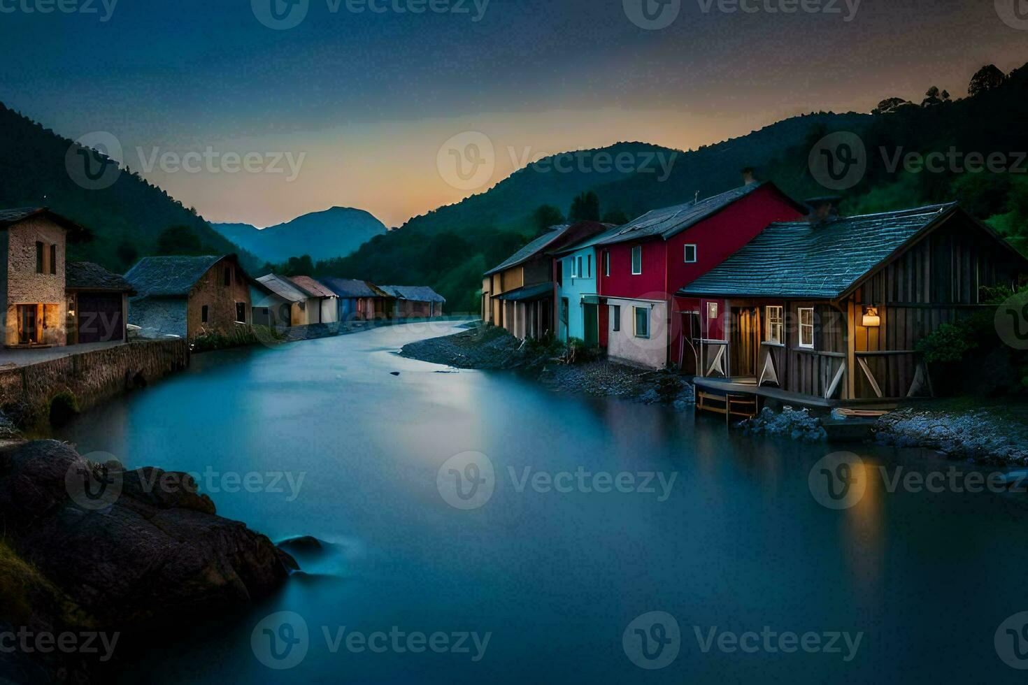 photo wallpaper the sky, water, mountains, houses, river, the village, the river,. AI-Generated