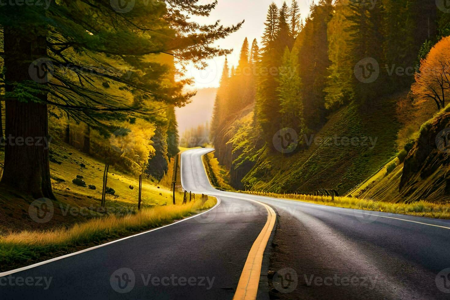 an empty road in the mountains with trees and sun. AI-Generated photo