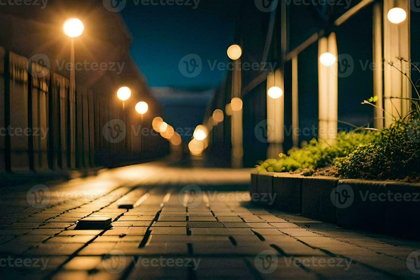 a walkway at night with lights on it. AI-Generated photo