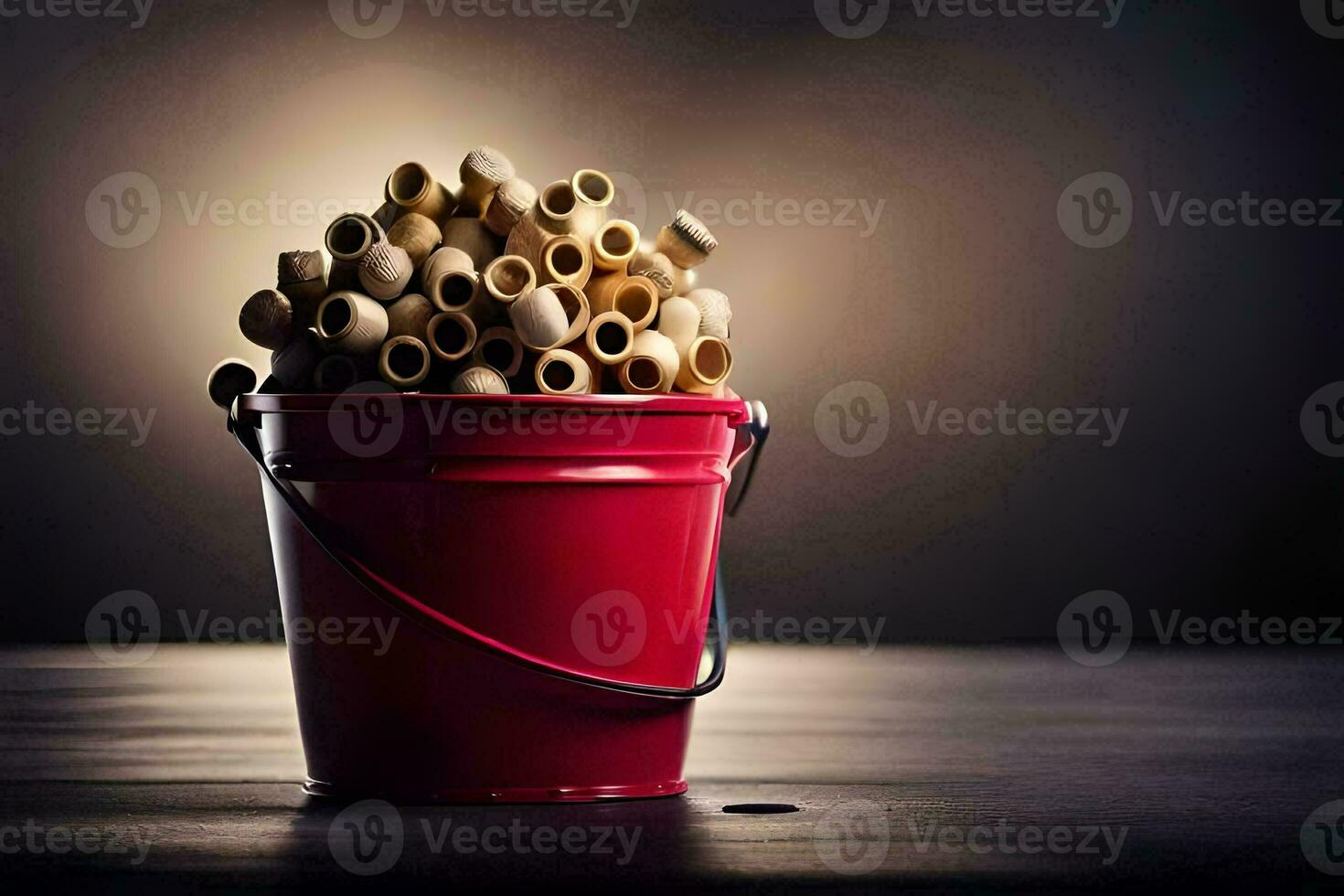 a red bucket filled with wooden sticks. AI-Generated photo