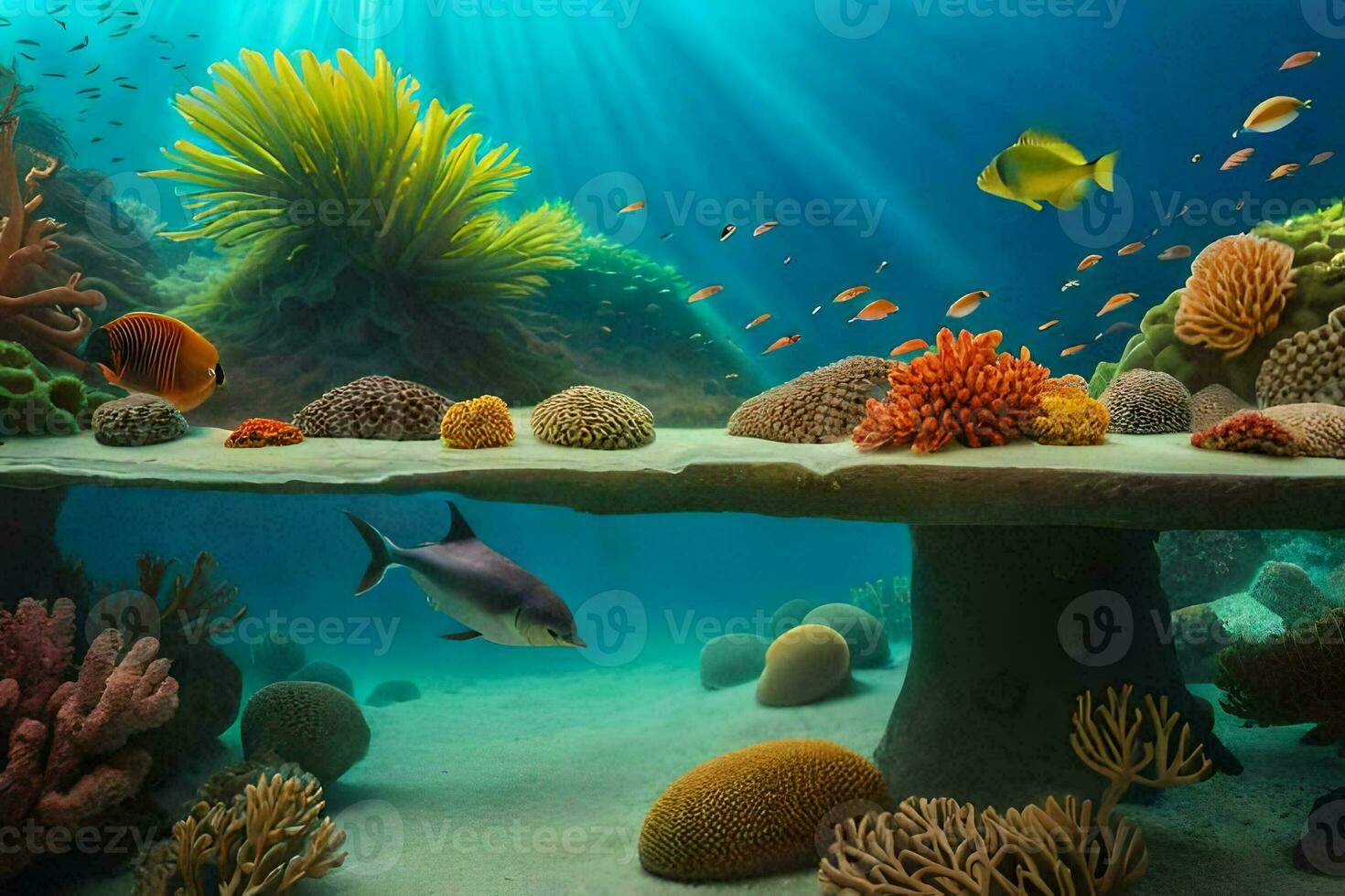 an underwater scene with fish and corals. AI-Generated photo