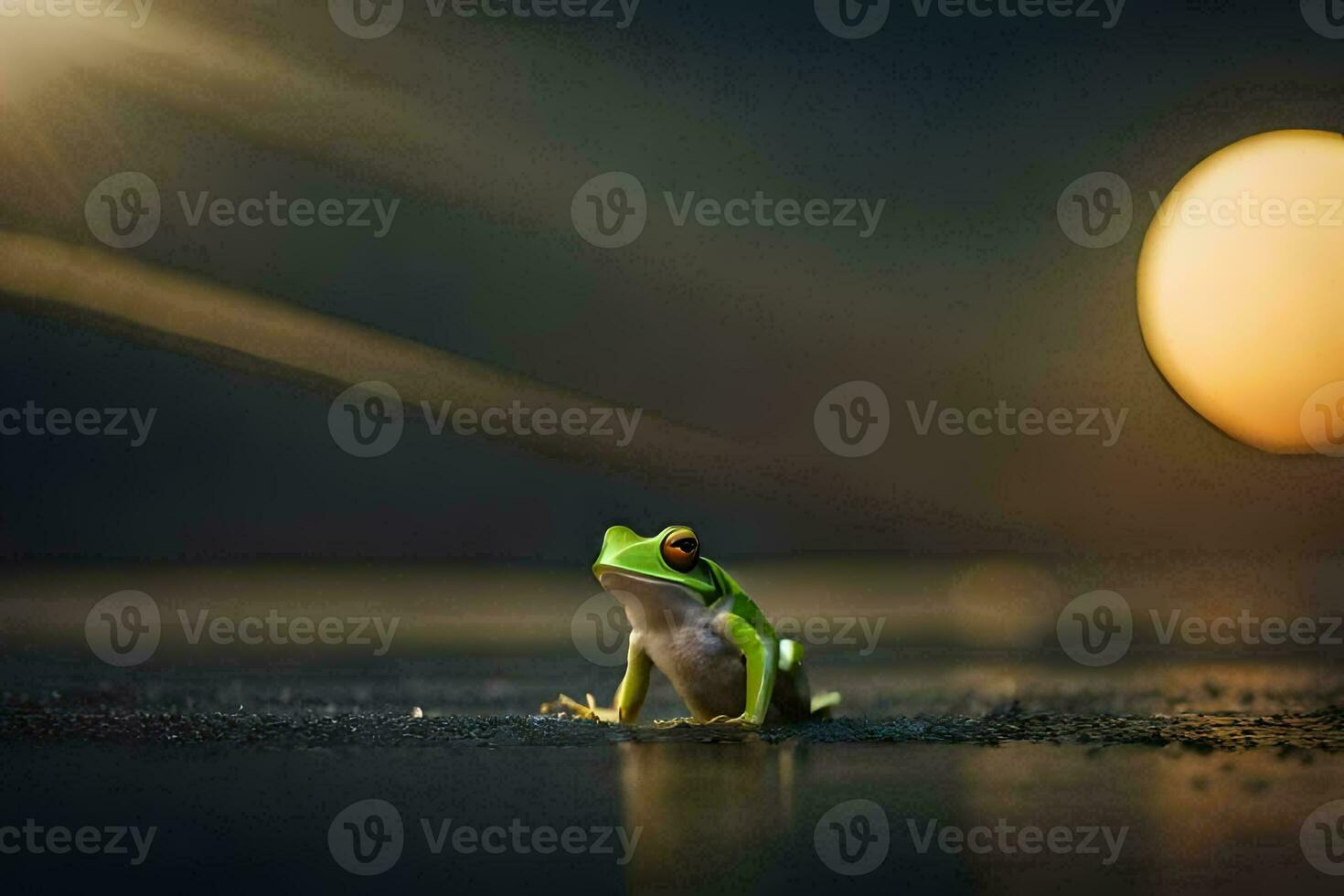 a frog sitting on the ground in front of a bright sun. AI-Generated photo