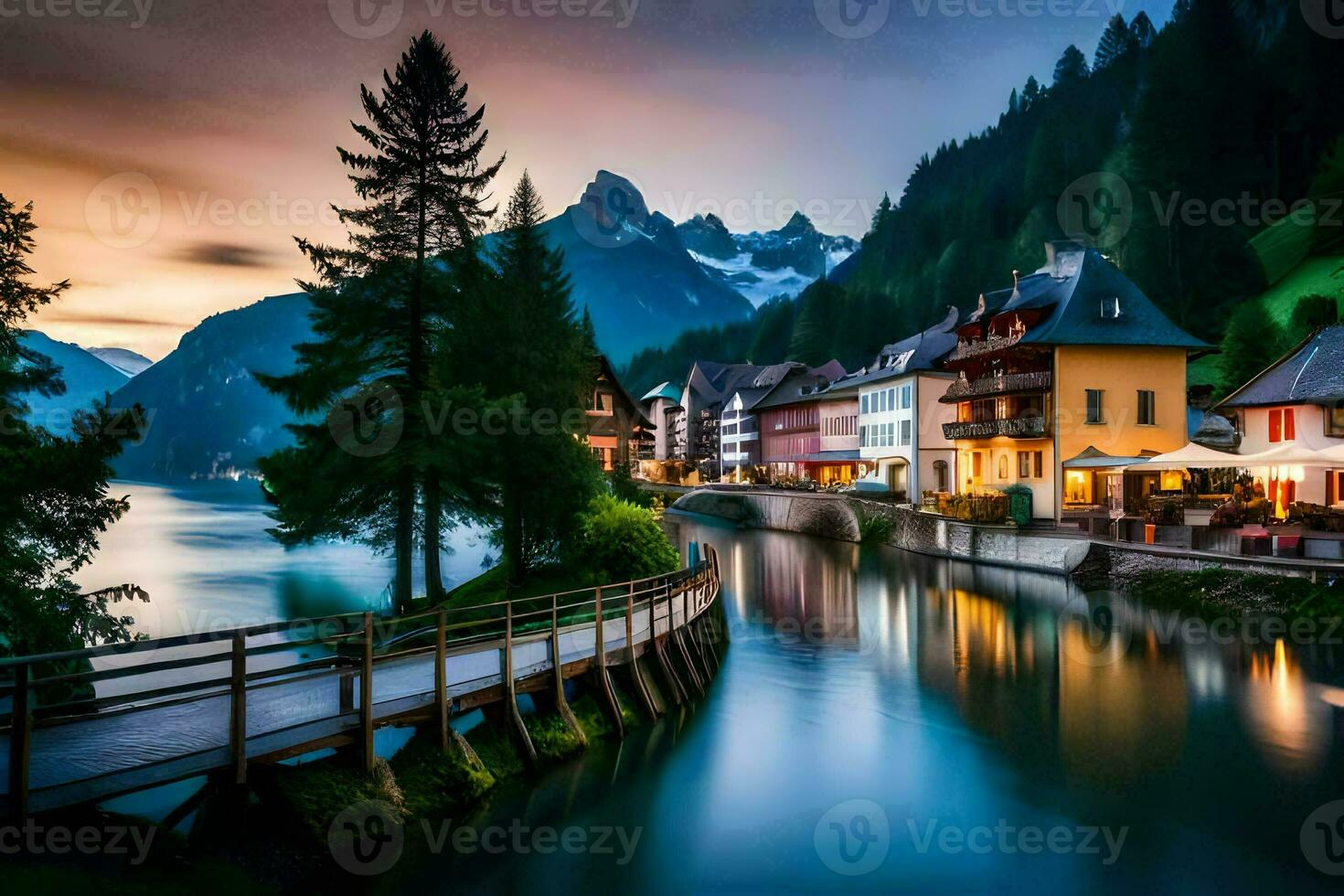 photo wallpaper the sky, mountains, lake, houses, trees, water, mountains, lake,. AI-Generated