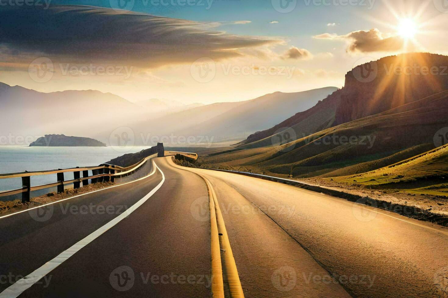 a road with the sun shining over the mountains. AI-Generated photo