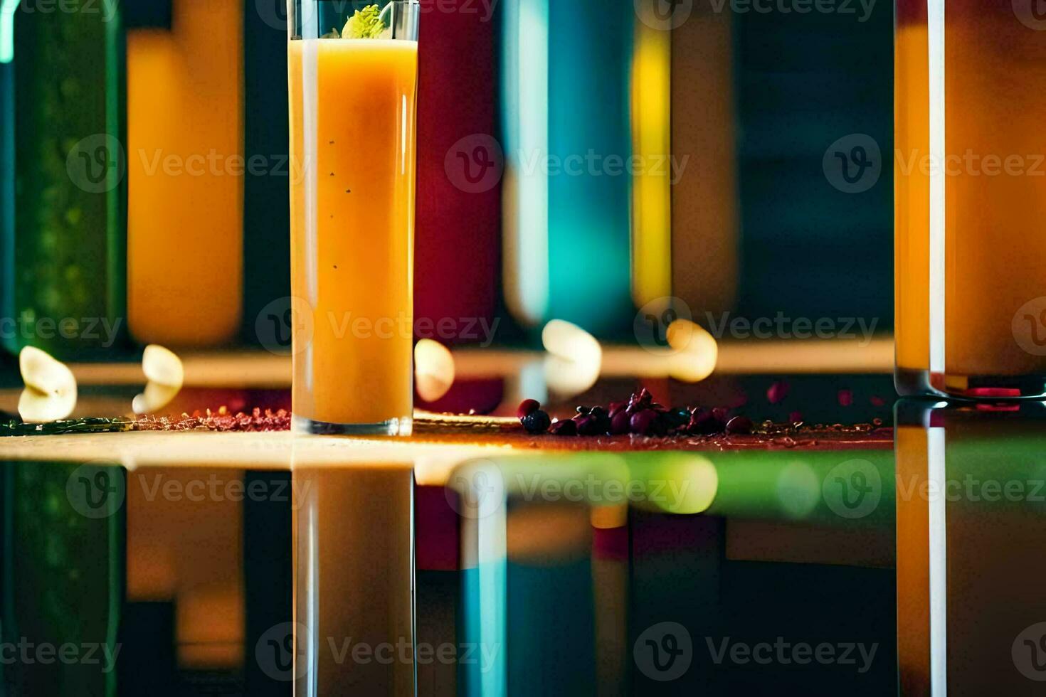 a glass of orange juice sitting on a table. AI-Generated photo