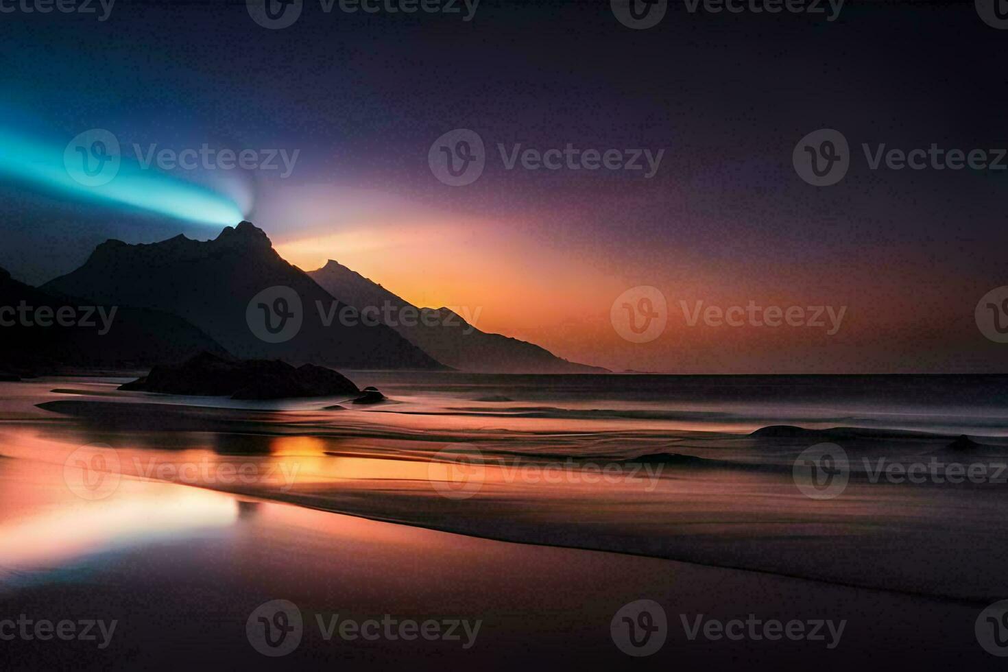 the sun is setting over a mountain and beach. AI-Generated photo