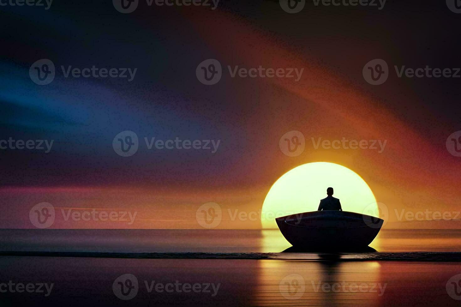 a man in a boat is sitting in the middle of the ocean at sunset. AI-Generated photo