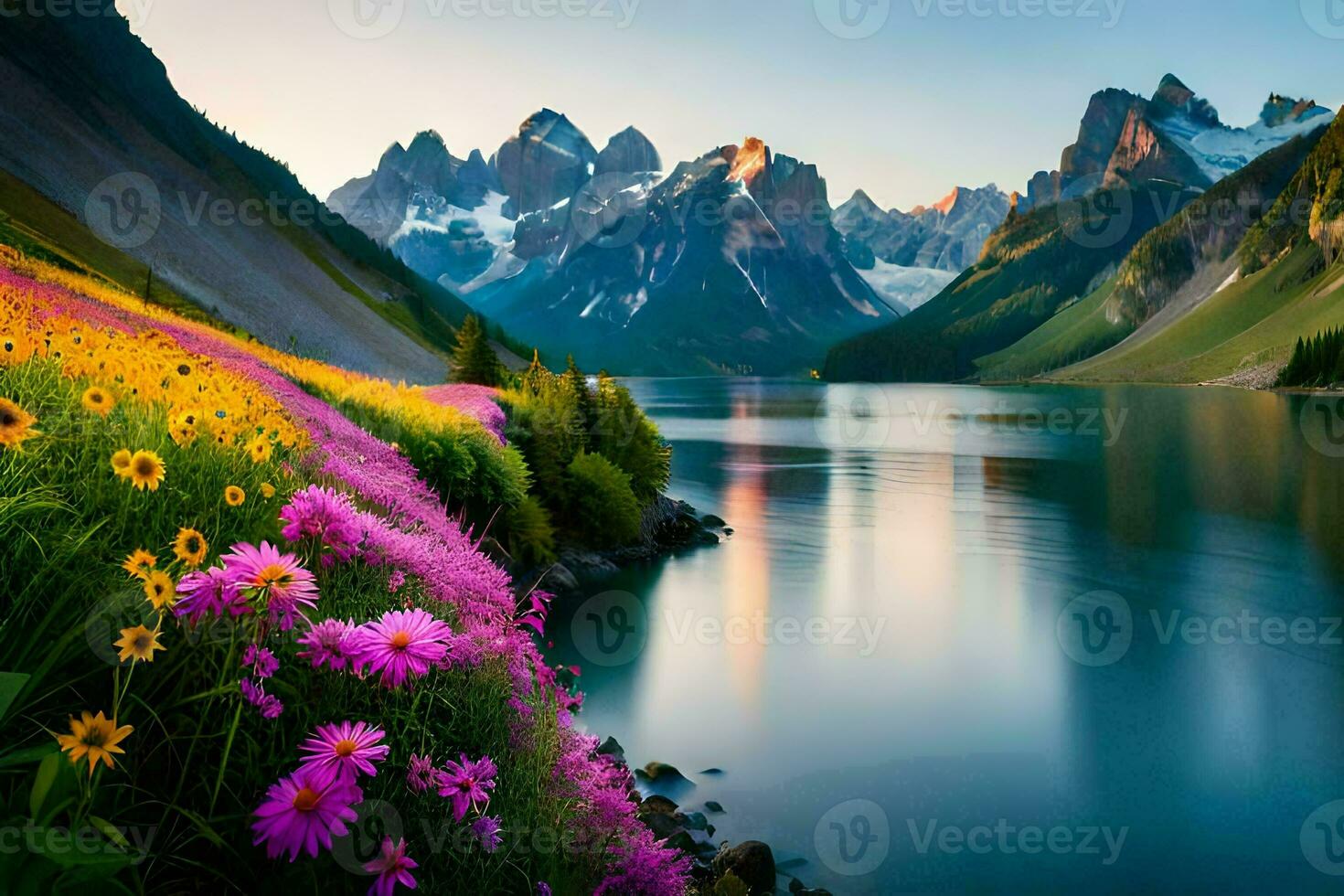 the flowers are blooming in the mountains and the water is reflecting the sun. AI-Generated photo