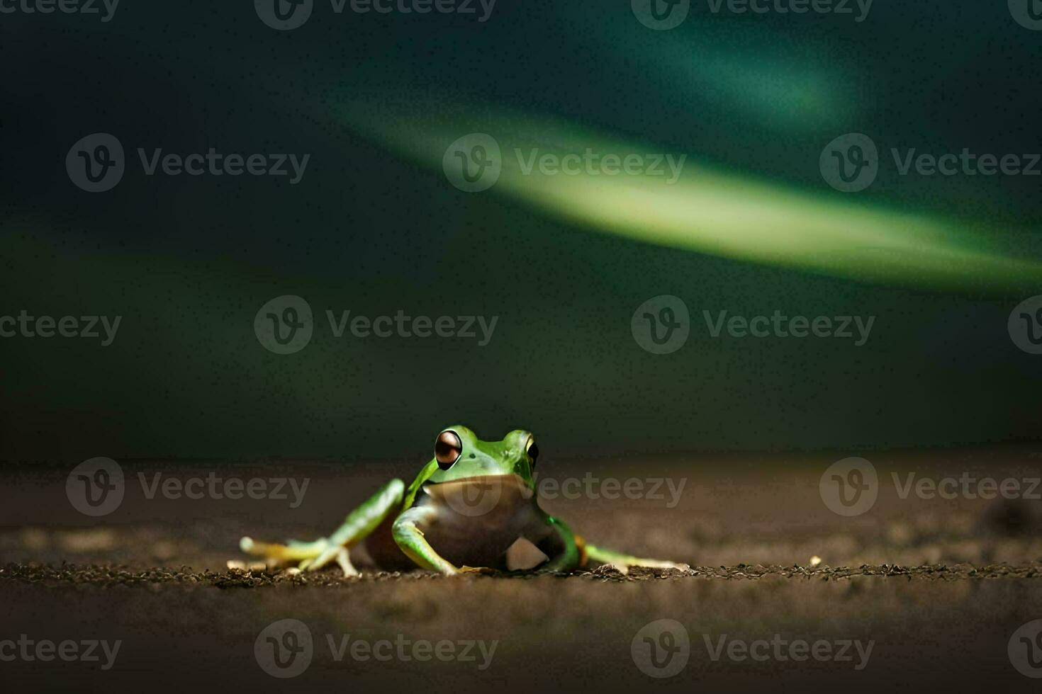 a frog sitting on the ground in front of a green background. AI-Generated photo
