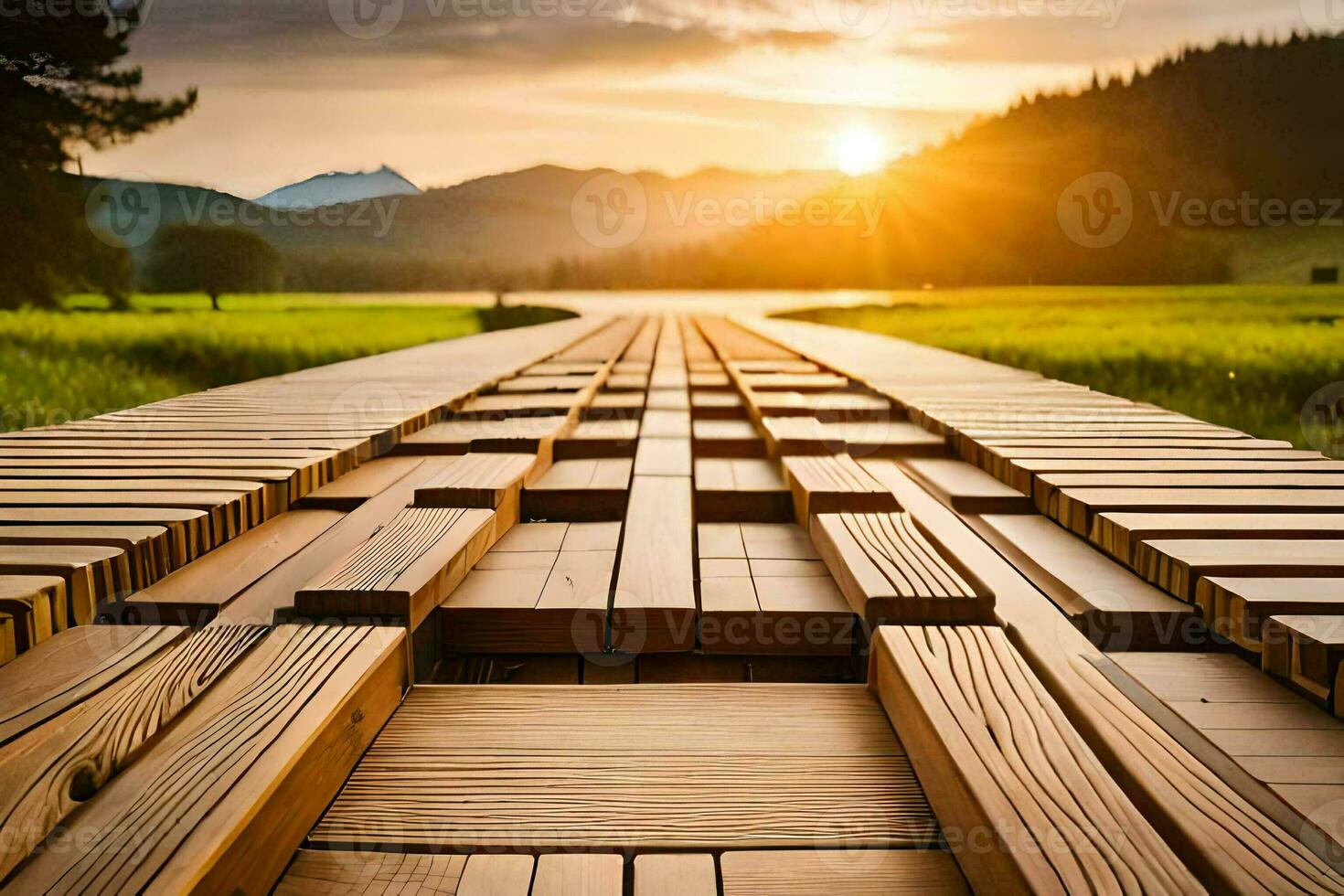 a wooden bridge in the middle of a field. AI-Generated photo