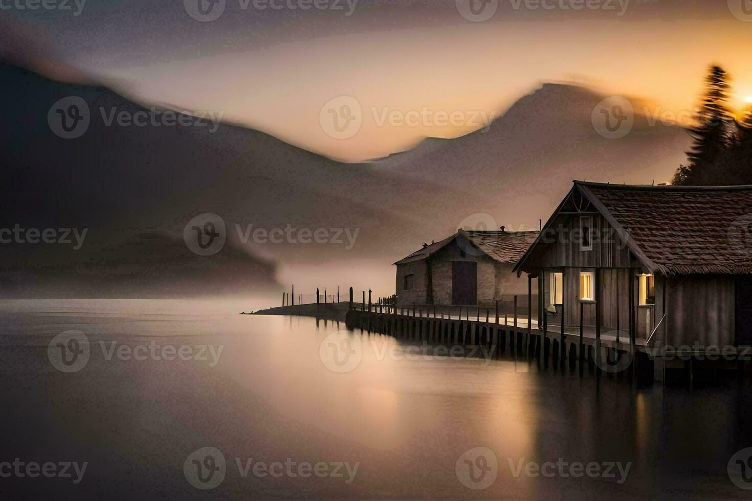a lake and two wooden houses in the fog. AI-Generated photo