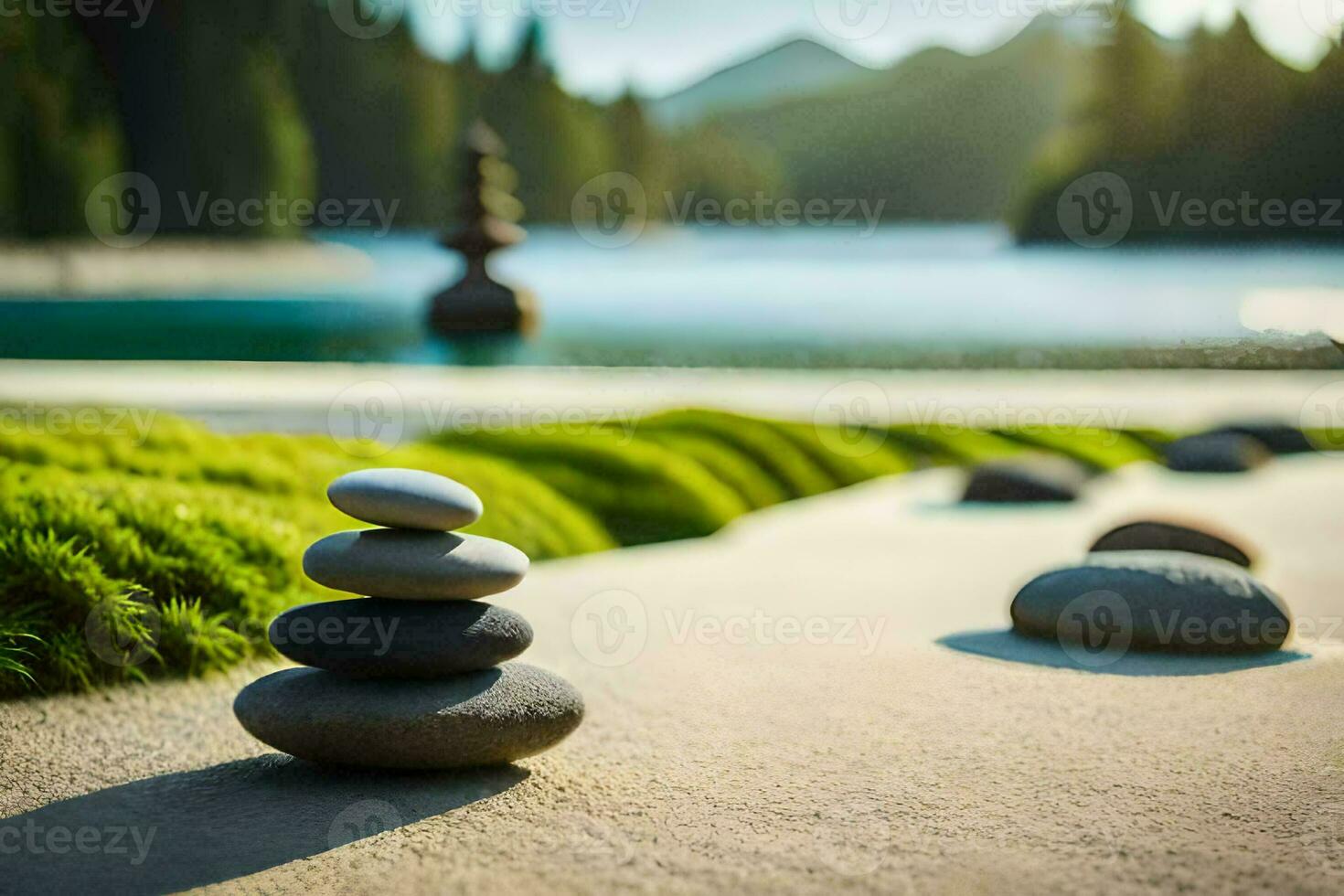 stacked stones in the middle of a lake. AI-Generated photo
