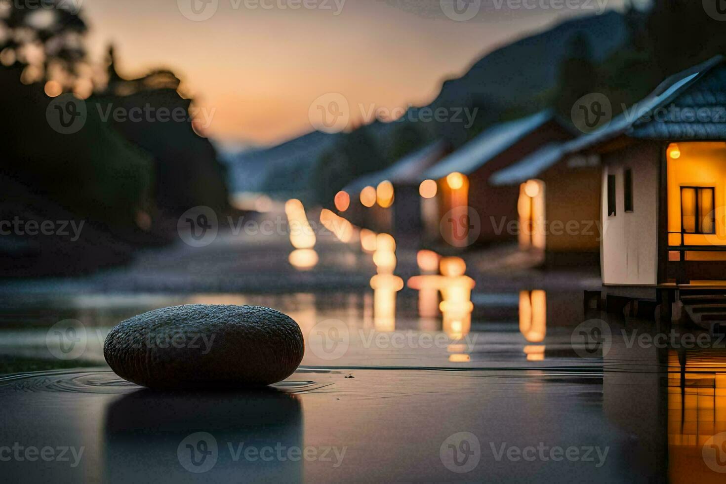 a stone sits on the edge of a river at sunset. AI-Generated photo