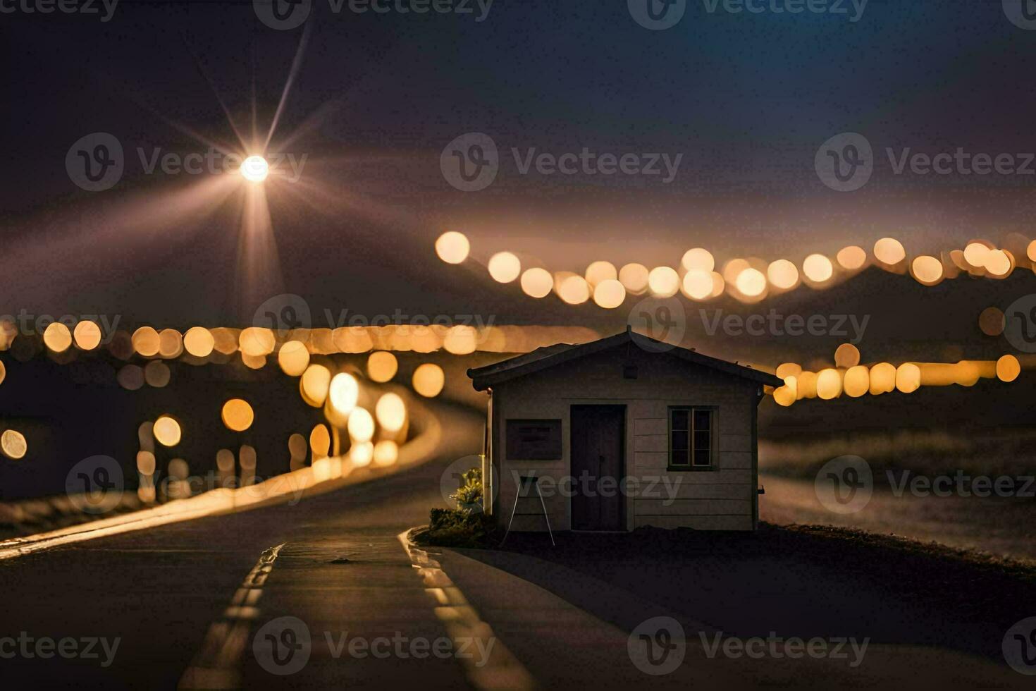 a small house sits on the side of the road at night. AI-Generated photo