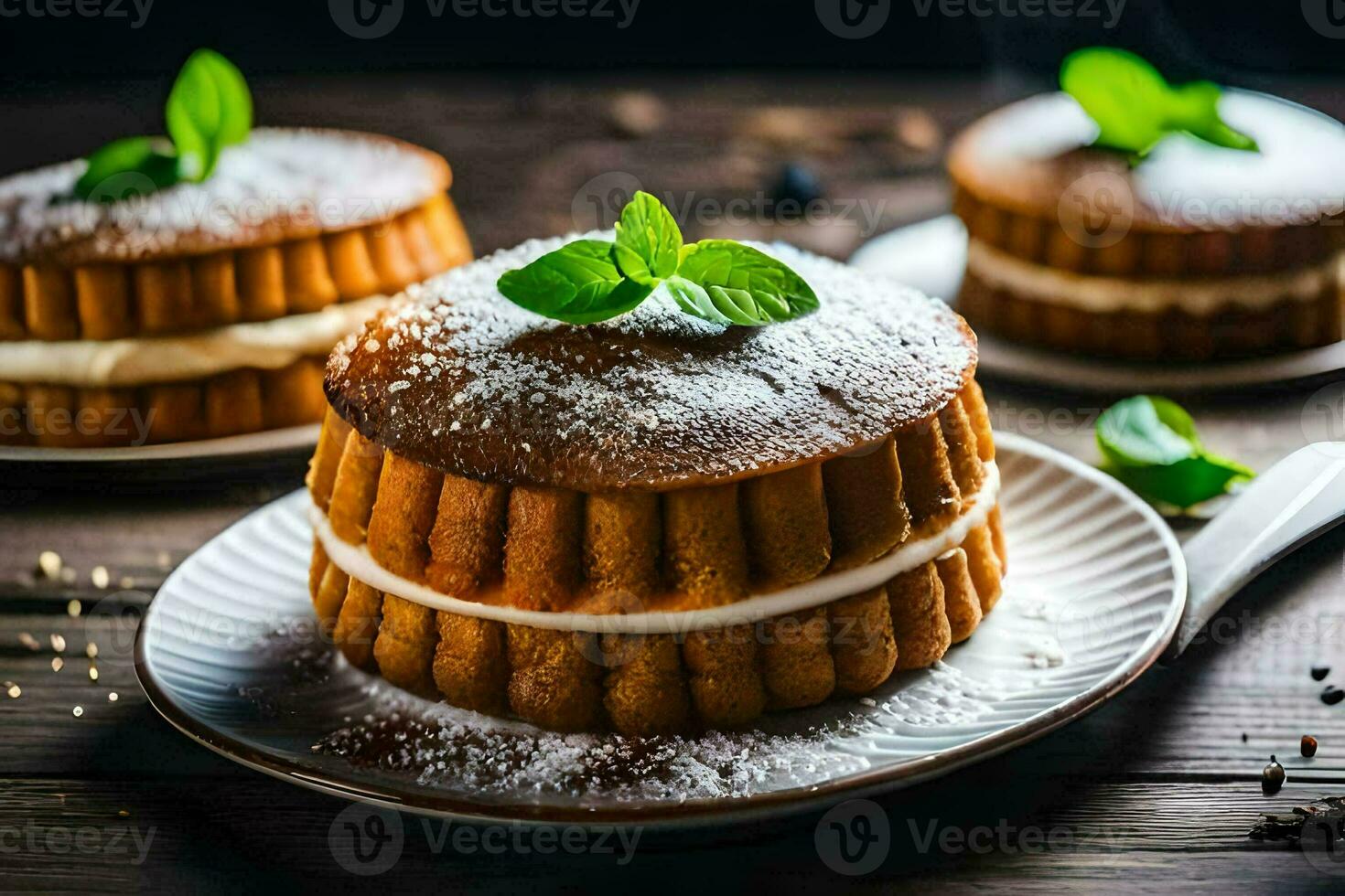 Tres pasteles en un plato con menta hojas. generado por ai foto