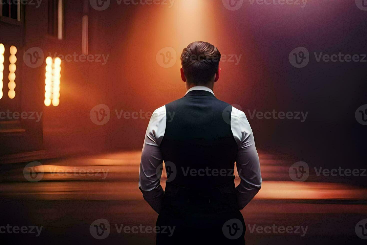 a man in a suit standing in a dark room. AI-Generated photo