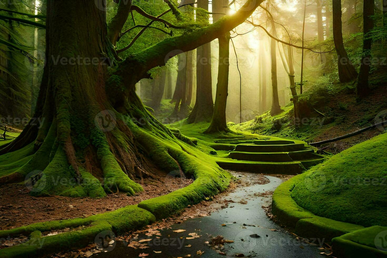 a path through a green forest with mossy trees. AI-Generated photo