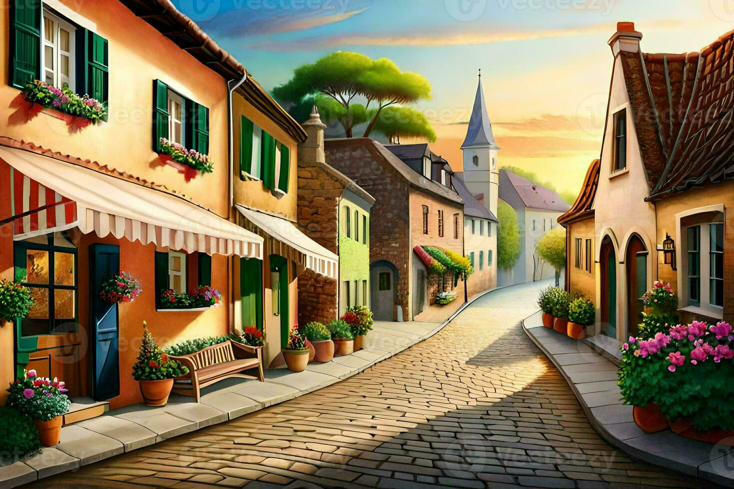 an illustration of a street in a small town. AI-Generated photo