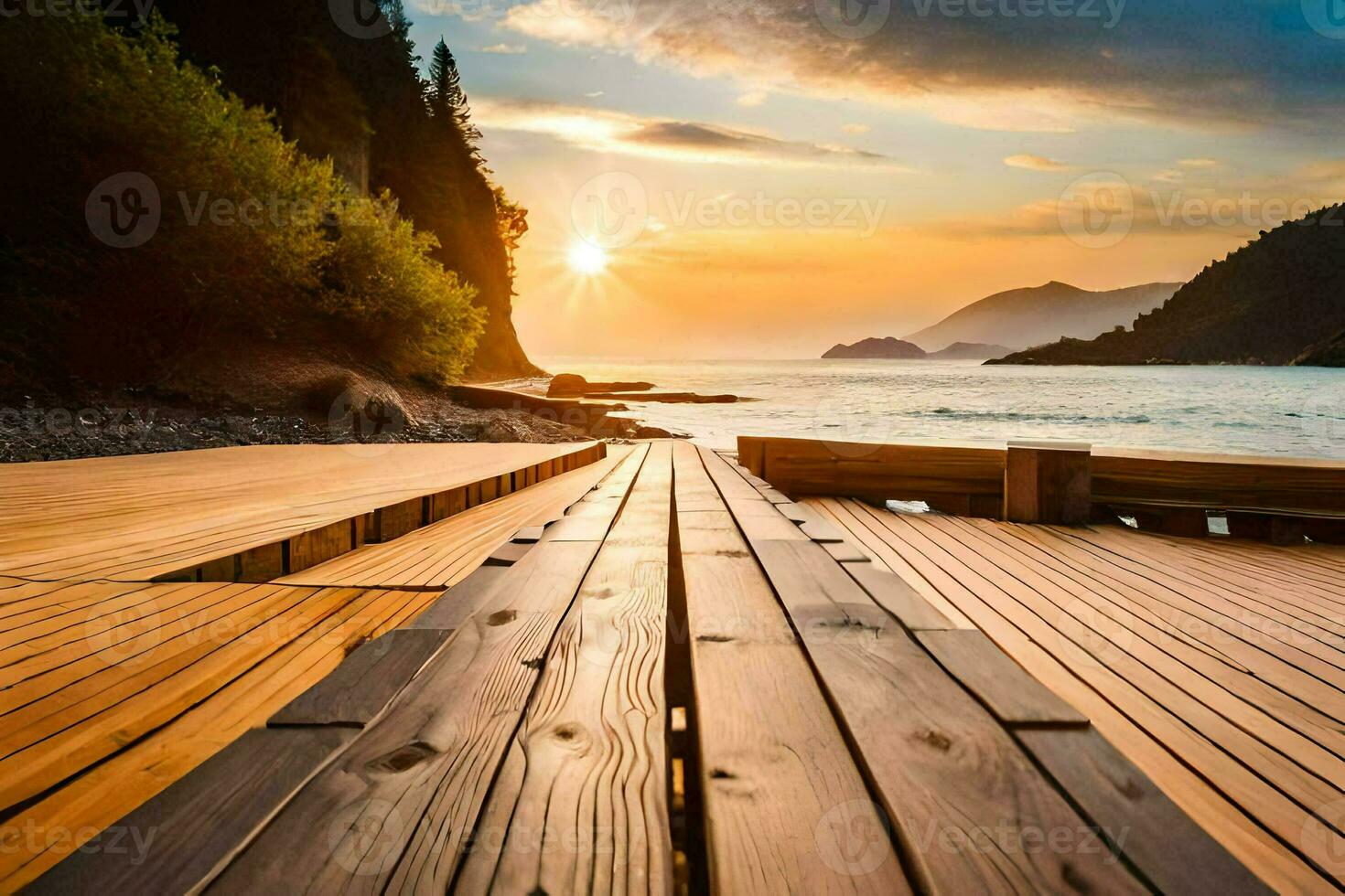 a wooden dock on the beach at sunset. AI-Generated photo