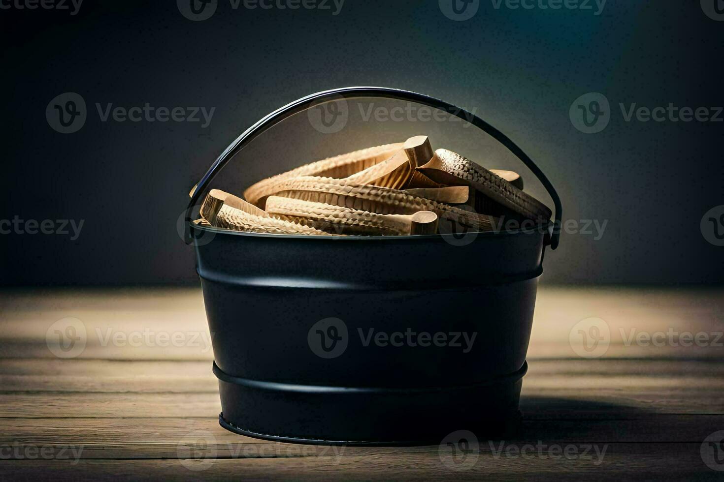 a bucket filled with wooden sticks on a wooden table. AI-Generated photo