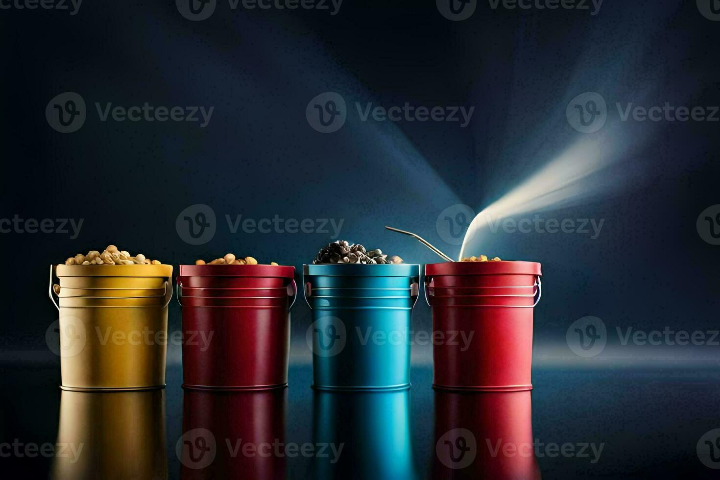 four colorful buckets with a spoon and a spoon. AI-Generated photo