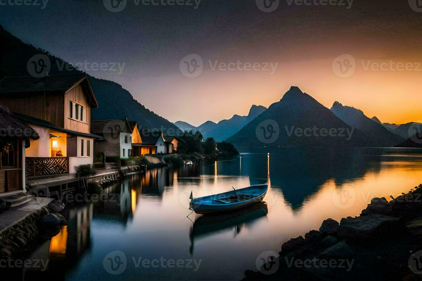 a boat sits on the water at sunset in front of houses. AI-Generated photo