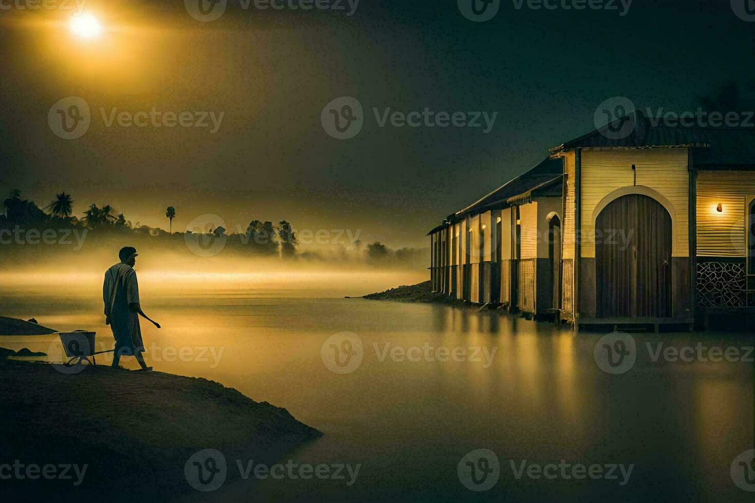 a man stands in front of a house at night. AI-Generated photo