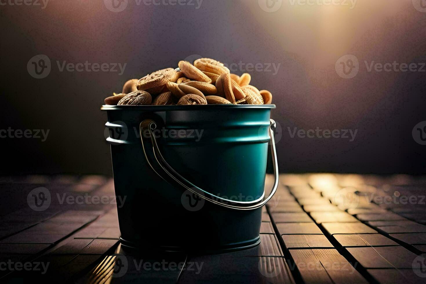 a bucket filled with nuts on a wooden table. AI-Generated photo