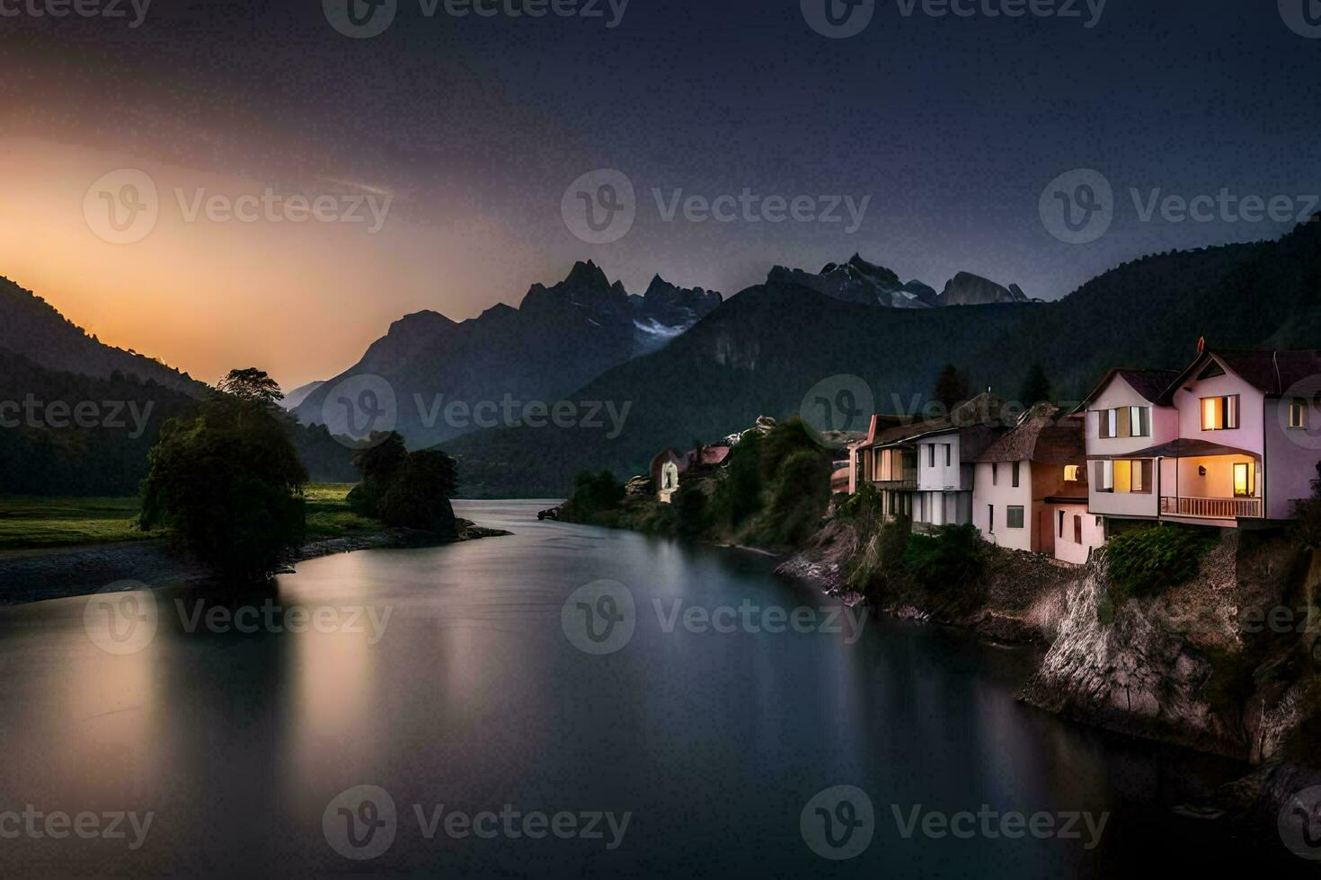 photo wallpaper the sky, mountains, river, houses, the mountains, the river, the mountains. AI-Generated