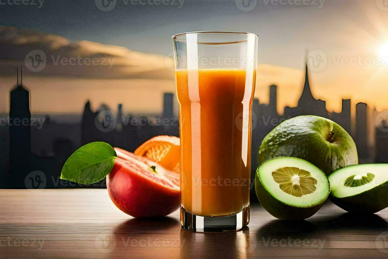 un vaso de jugo con naranjas, manzanas y aguacate. generado por ai foto