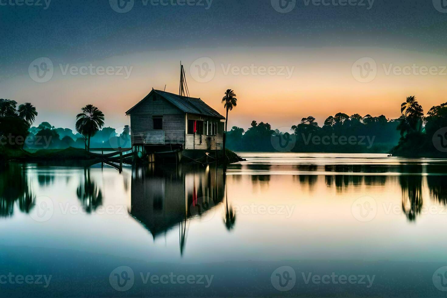 a house on the water at sunset. AI-Generated photo