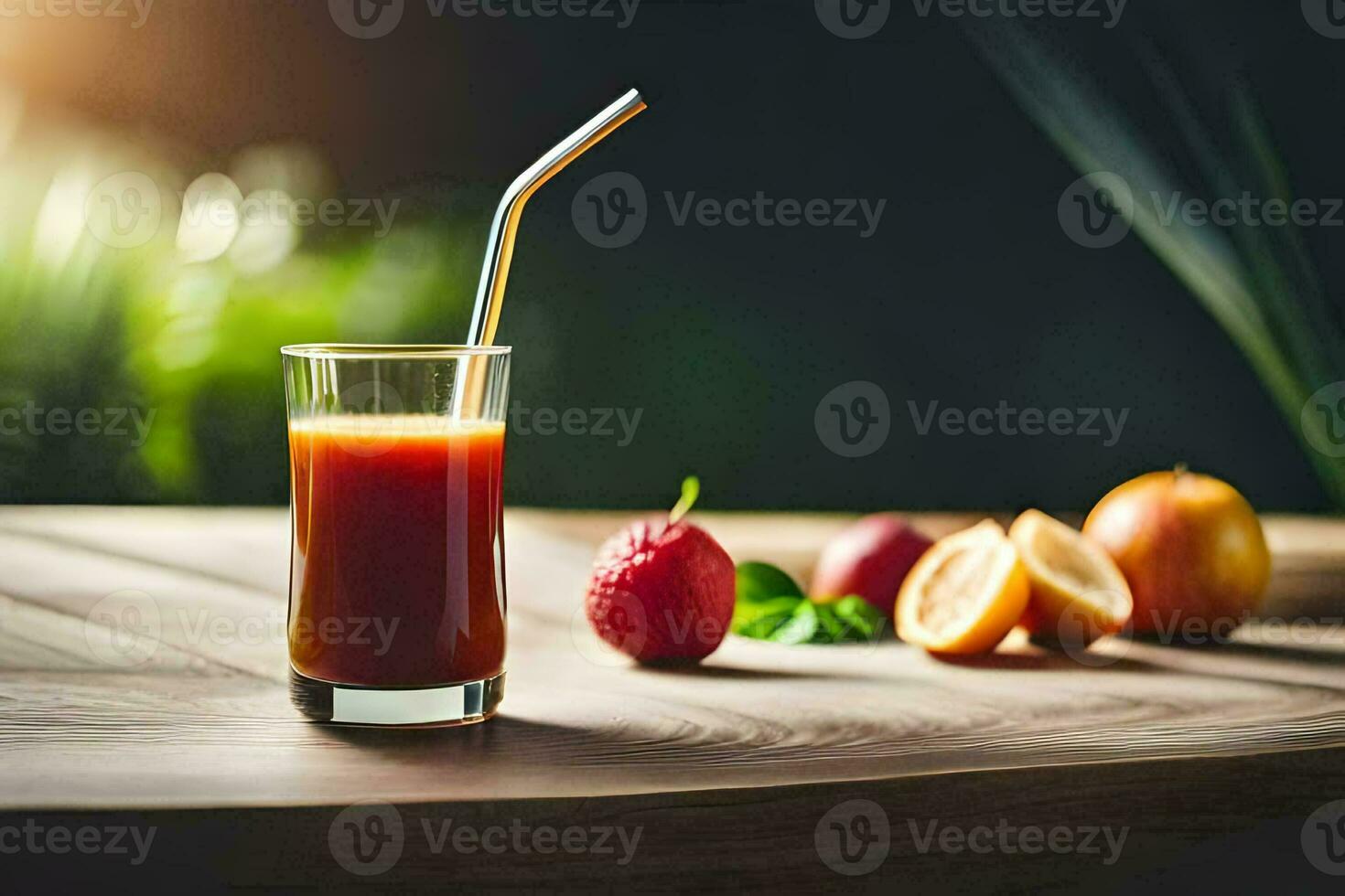 a glass of juice with a straw on a table. AI-Generated photo