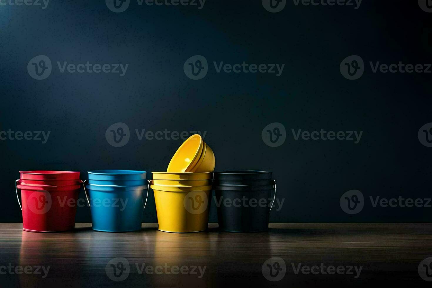 four colorful buckets on a dark background. AI-Generated photo