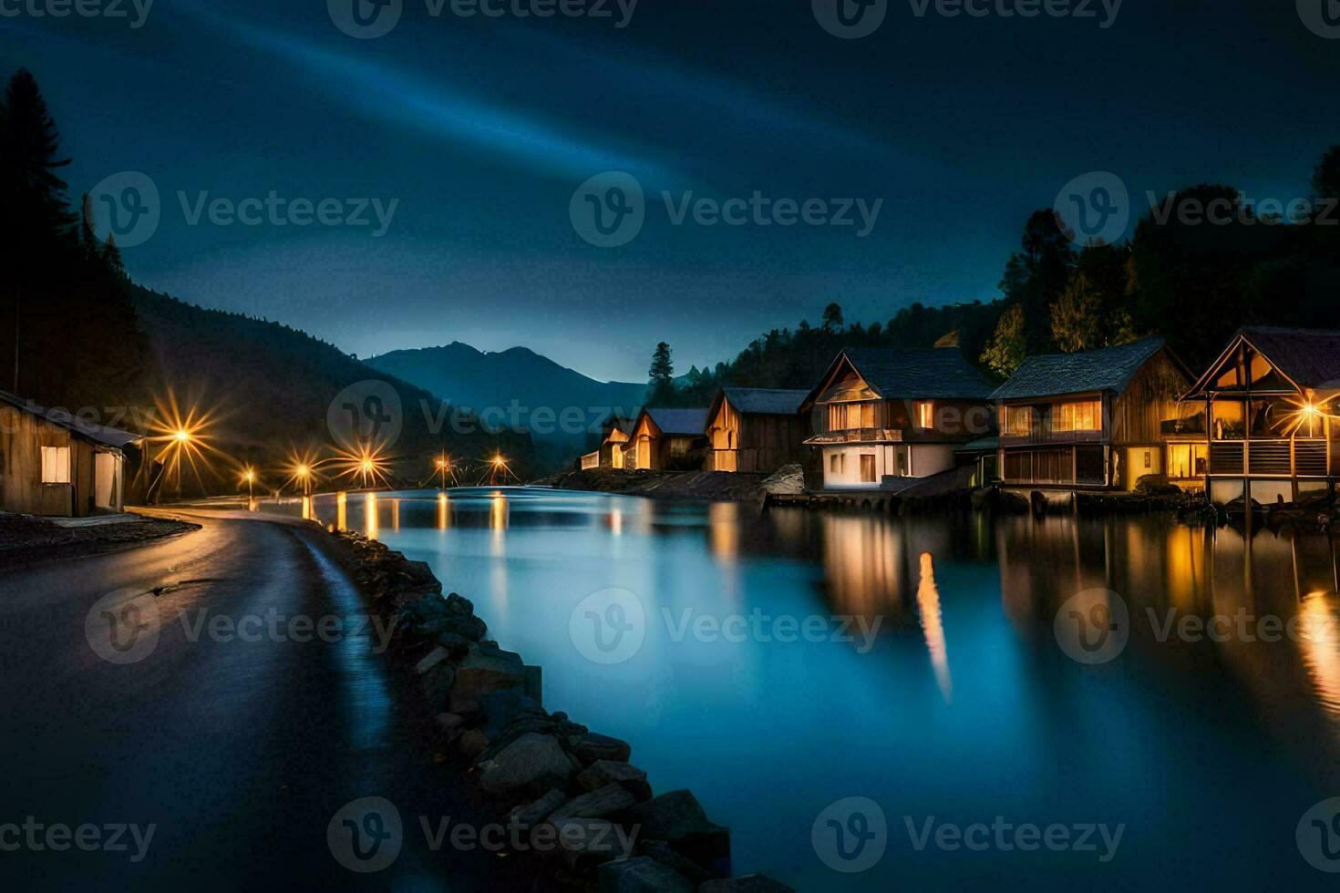 photo wallpaper the night, lake, houses, the mountains, the lights, the lights, the. AI-Generated