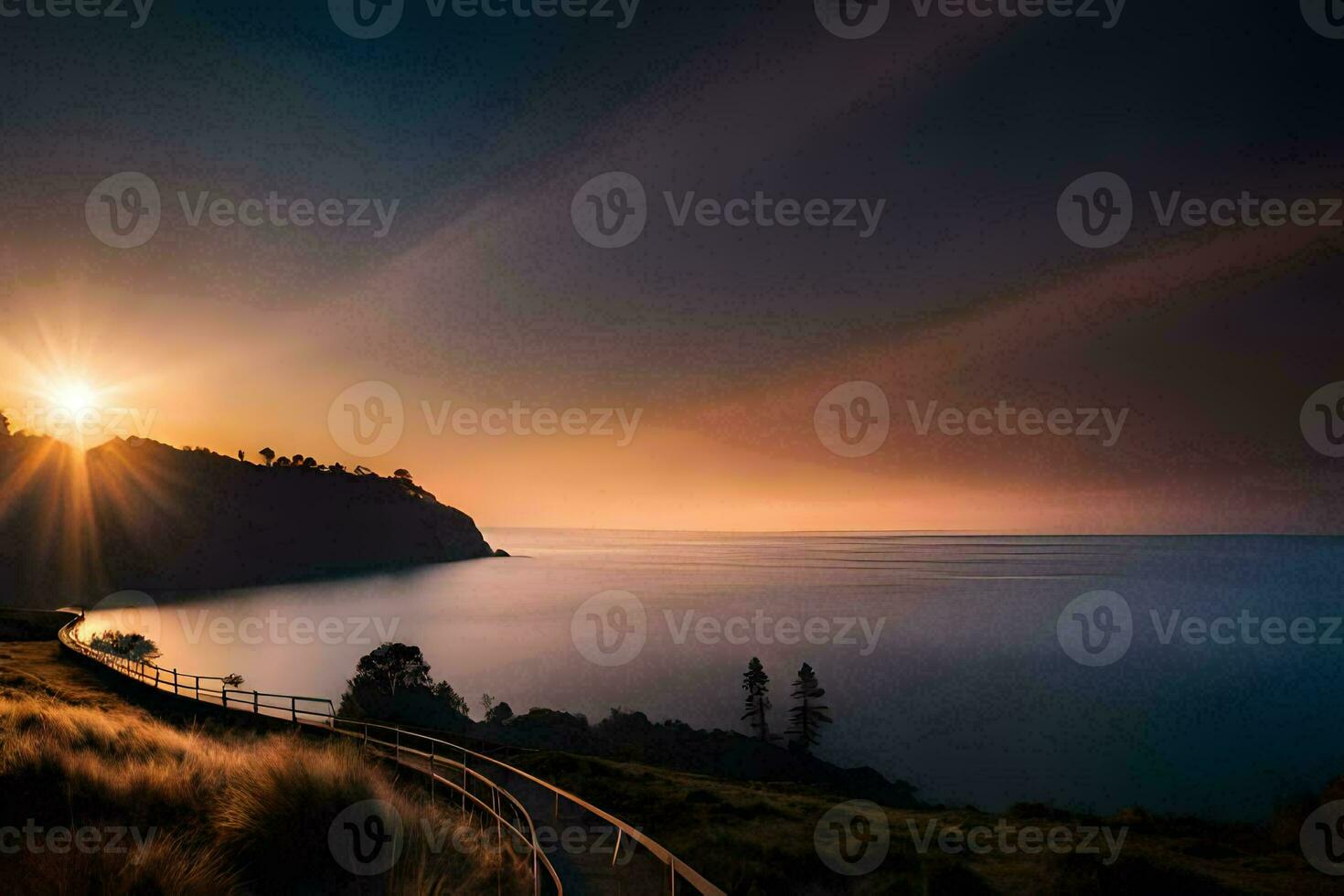 the sun sets over the ocean and a path leading to the shore. AI-Generated photo