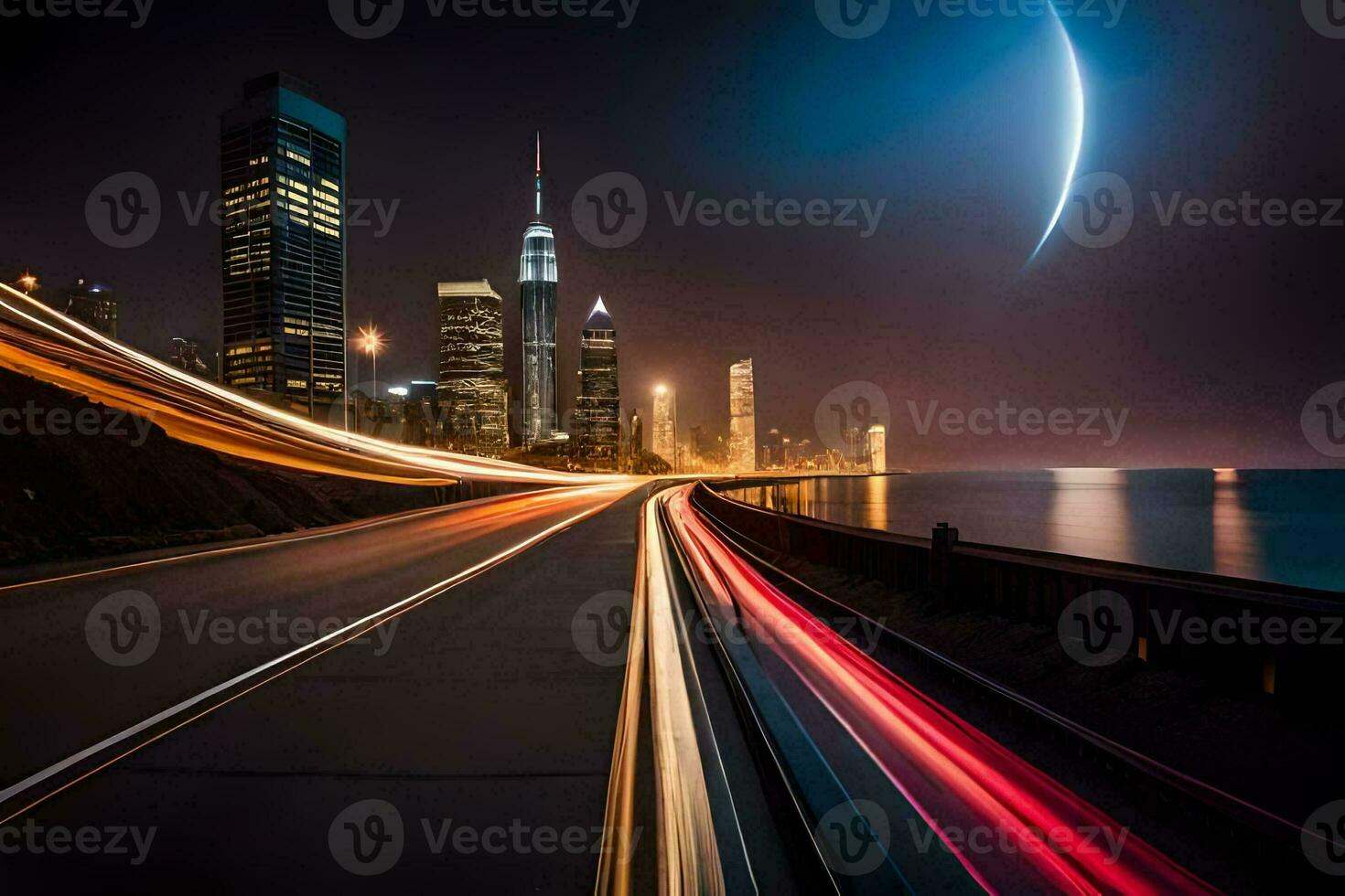 a long exposure photo of a city skyline and a moon. AI-Generated