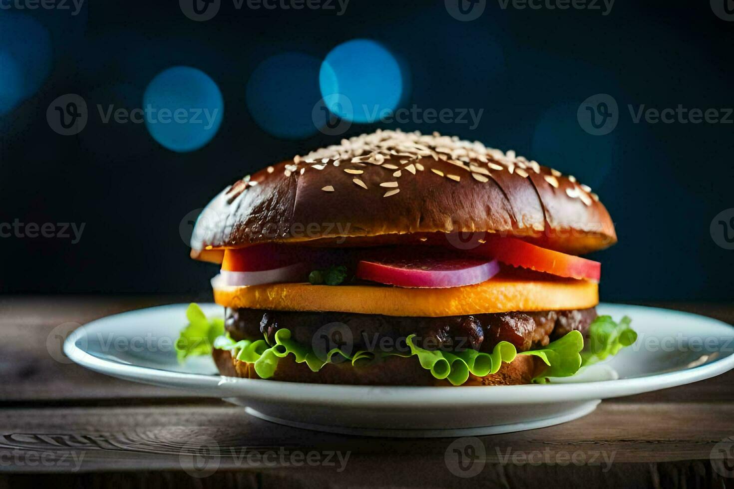 a hamburger is sitting on a plate with a blue background. AI-Generated photo