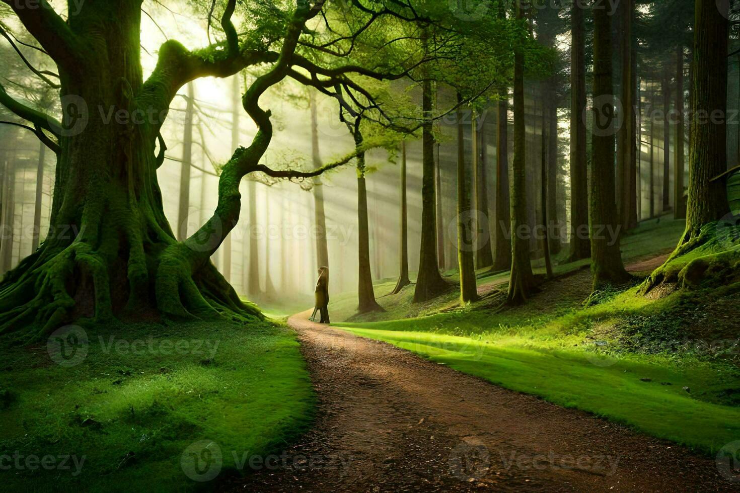 a man walks down a path in a forest with trees. AI-Generated photo