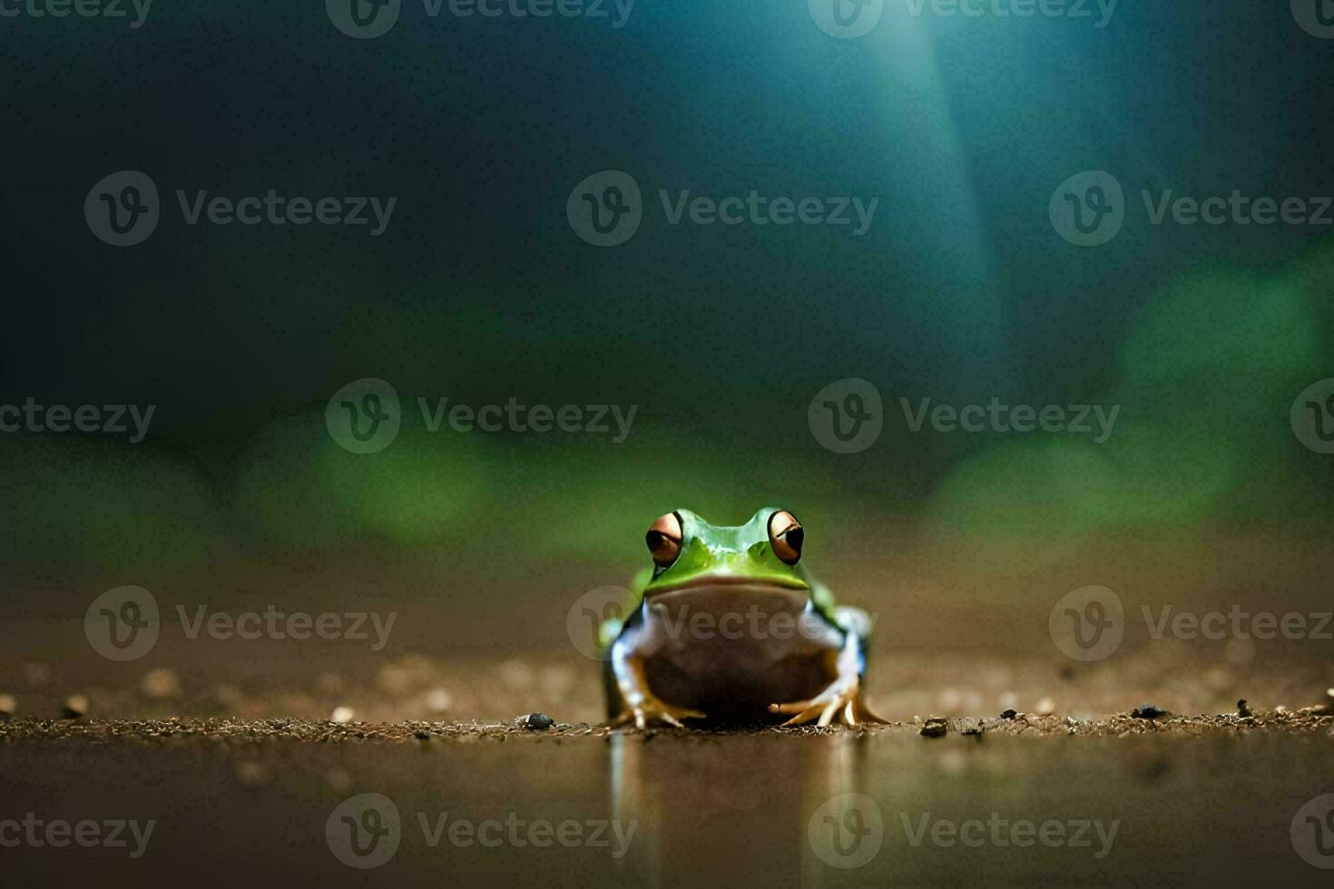 a frog sitting on the ground in front of a bright light. AI-Generated photo