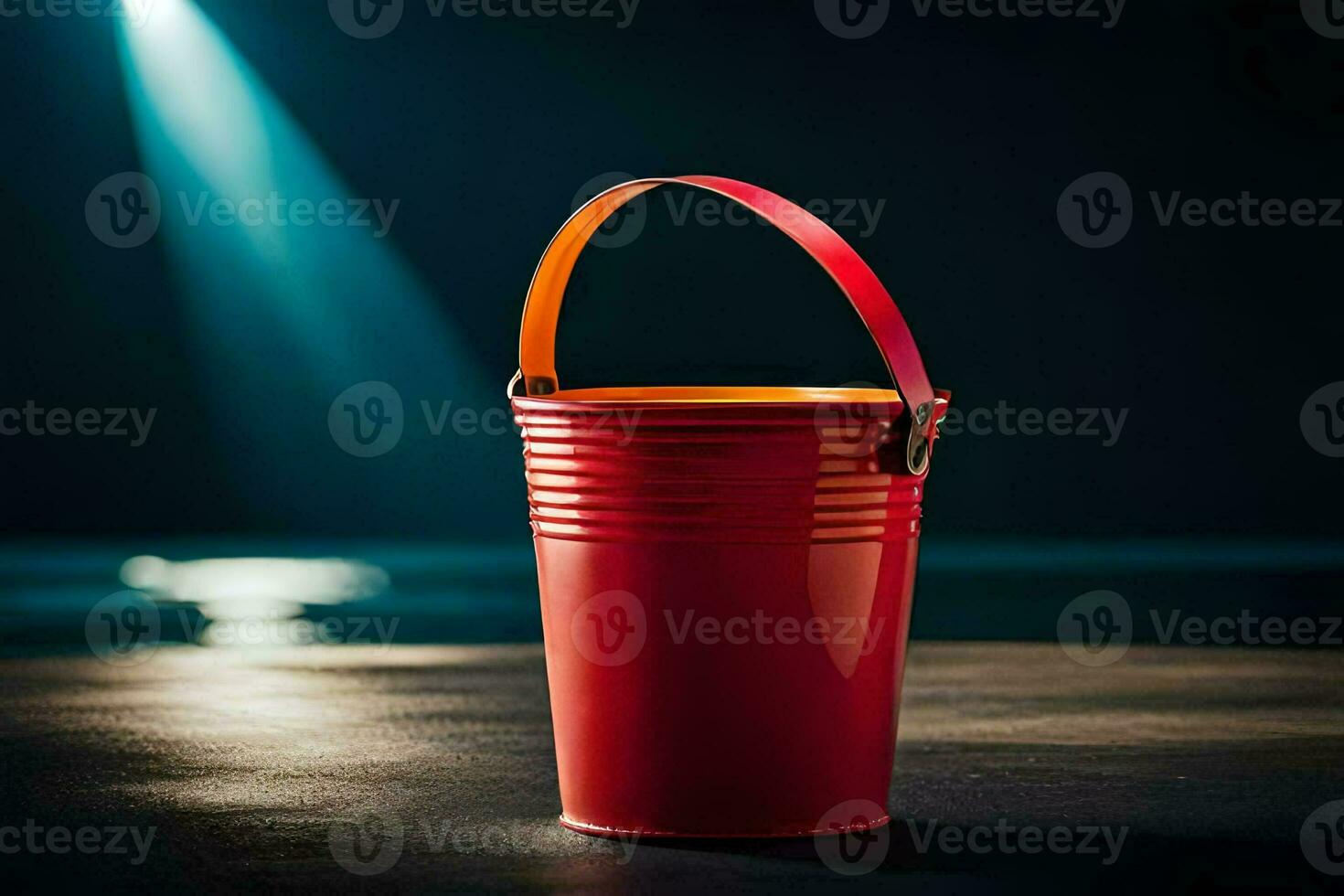 a red bucket sitting on a table in front of a pool. AI-Generated photo