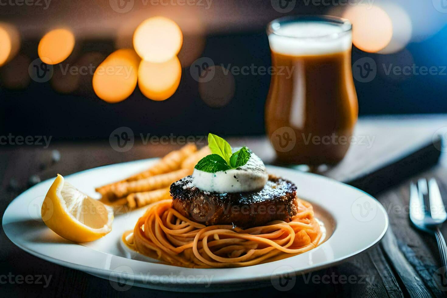 a plate of spaghetti with a lemon wedge and a cup of beer. AI-Generated photo