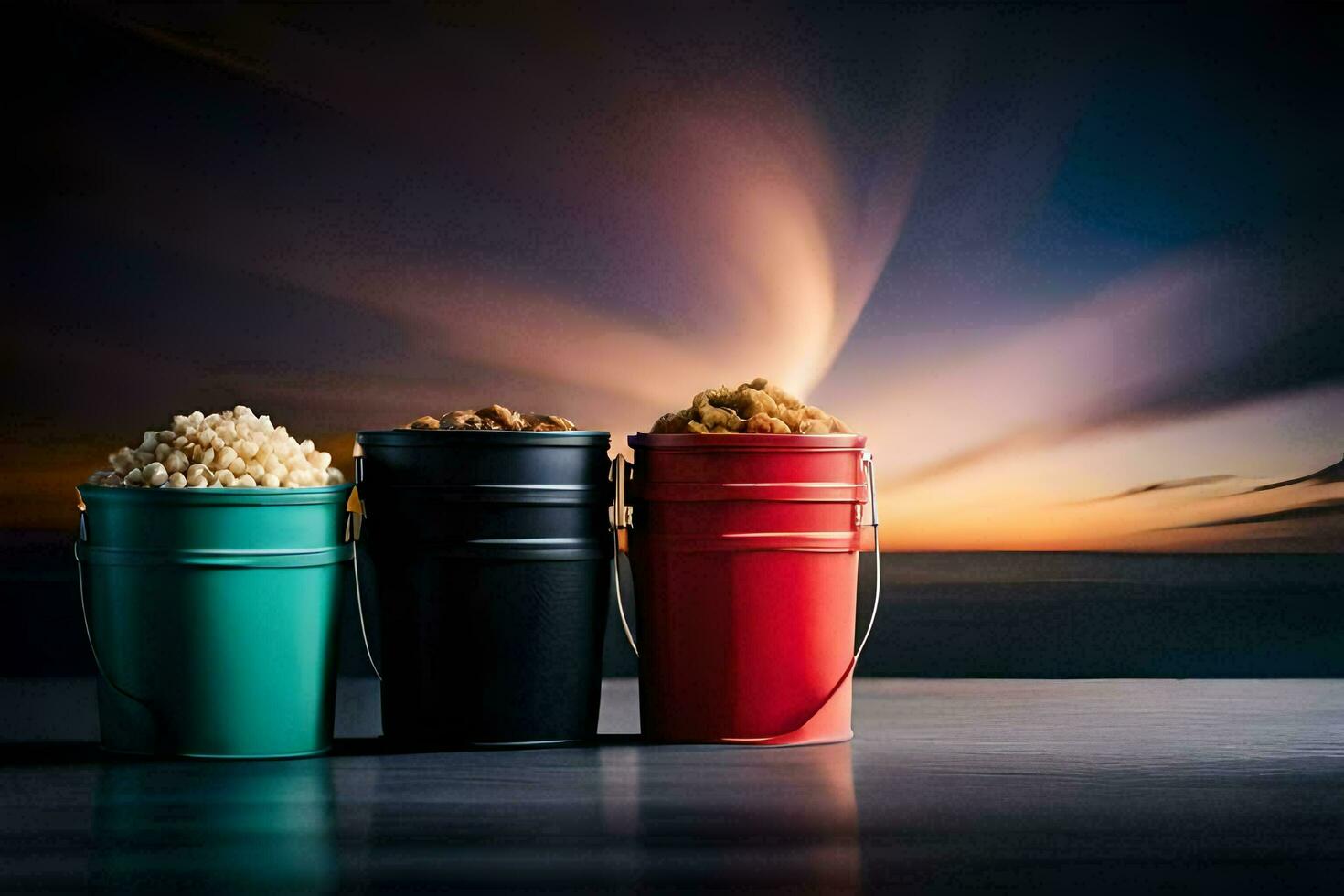 three buckets of popcorn on a table. AI-Generated photo