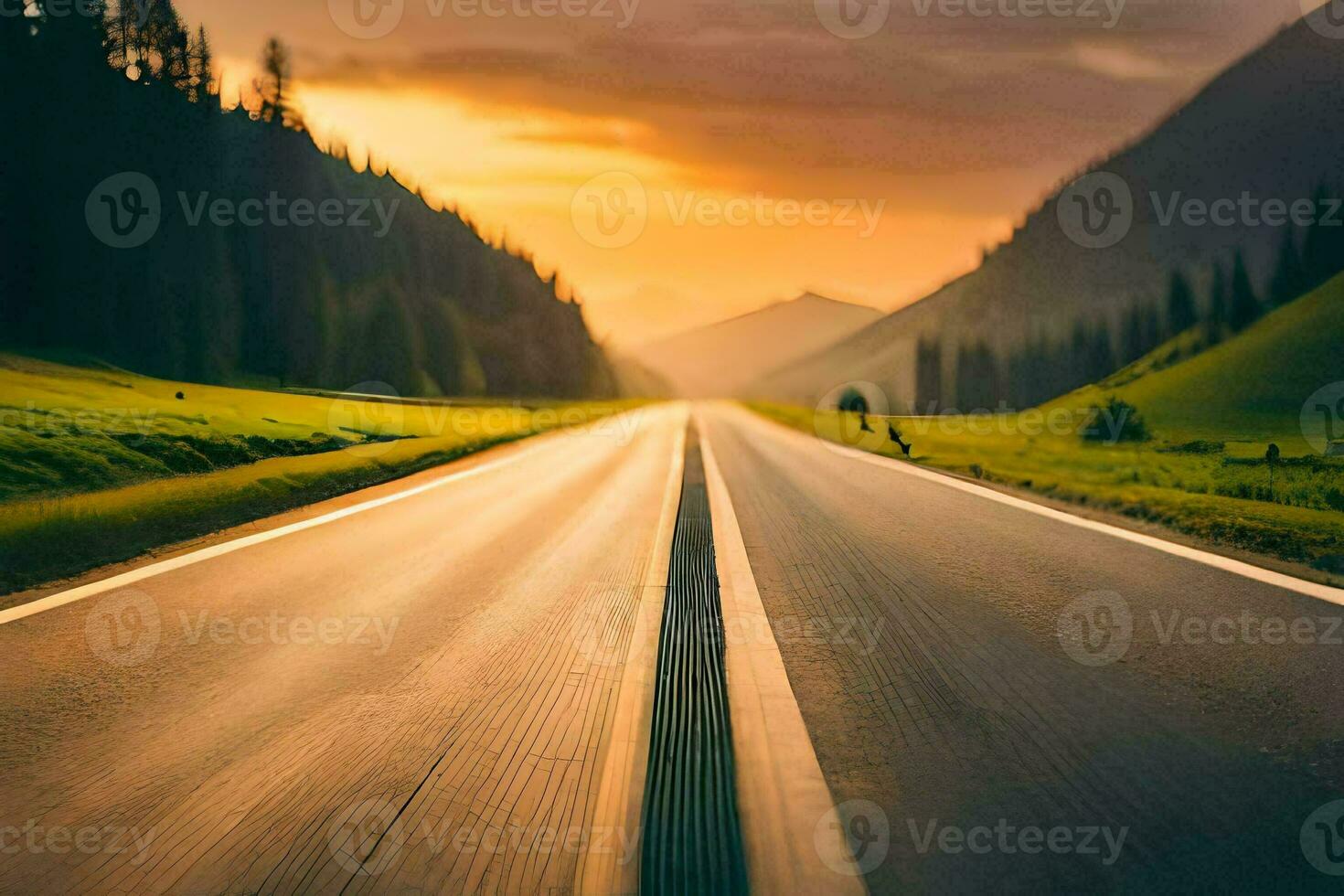 a long road with trees and mountains in the background. AI-Generated photo