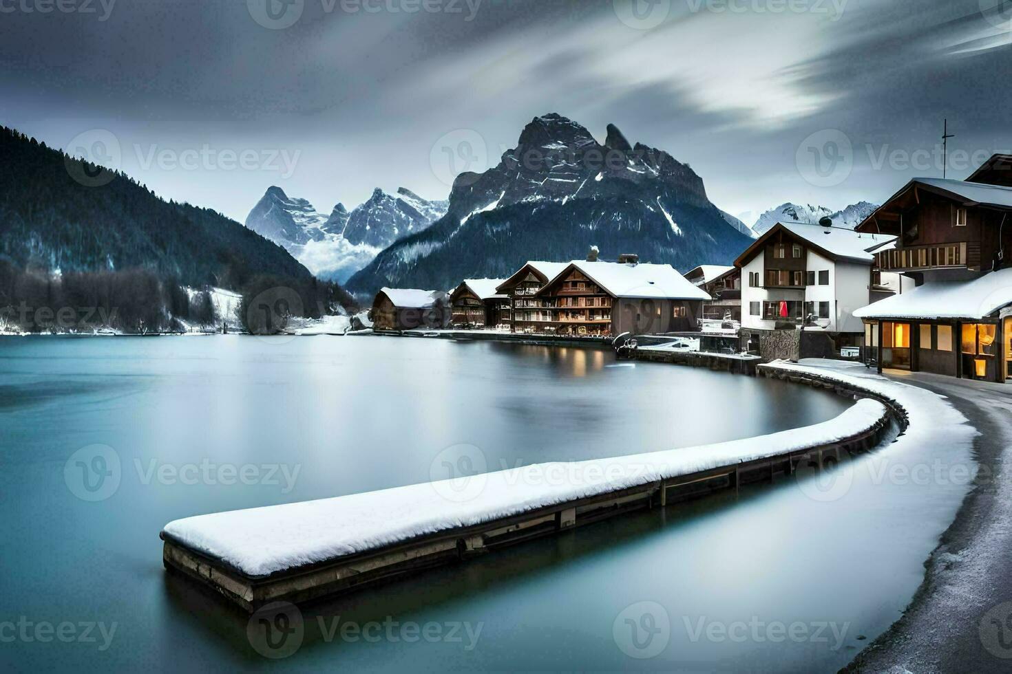 a lake and a row of houses in the snow. AI-Generated photo