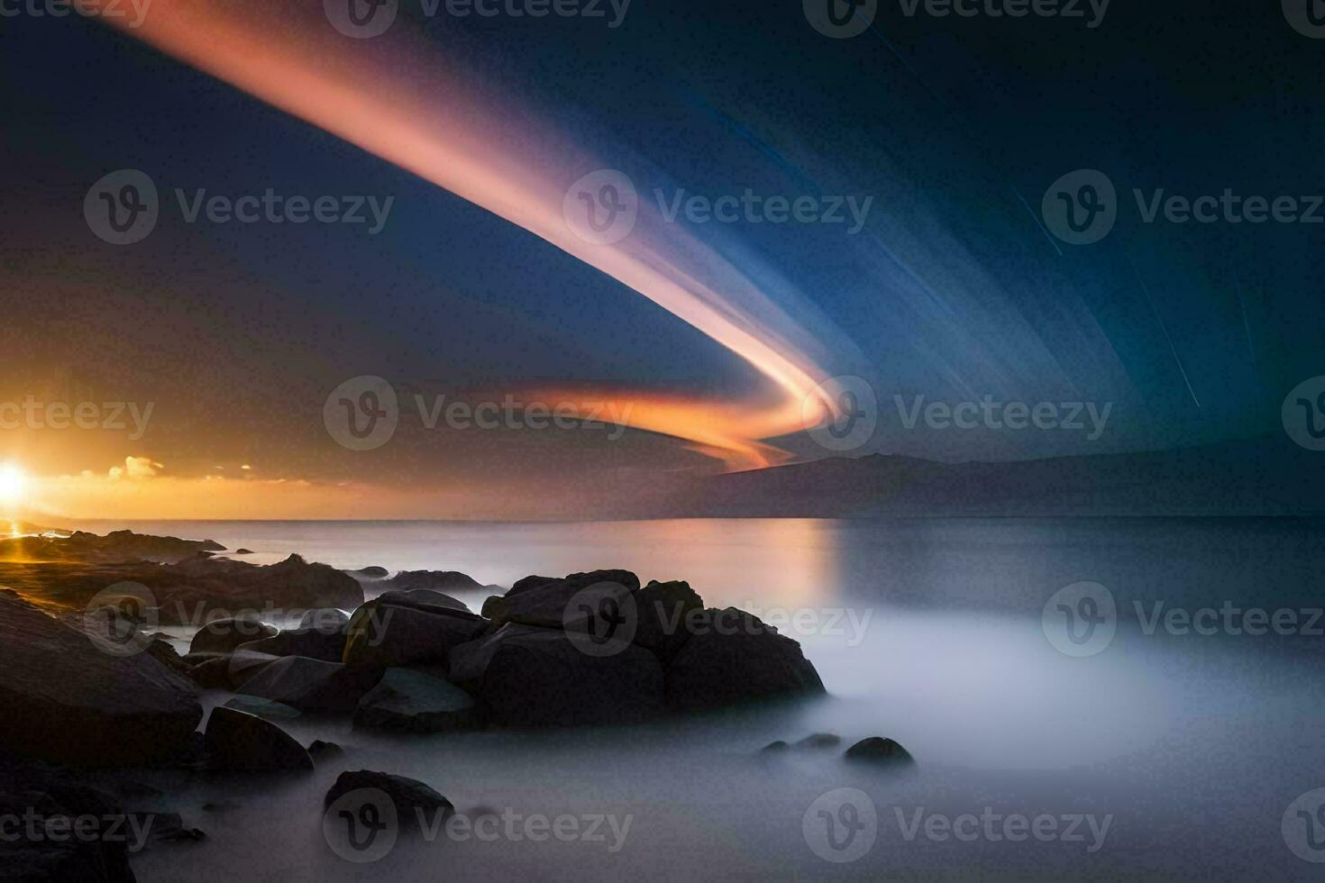 a long exposure photograph of a bright light in the sky. AI-Generated photo